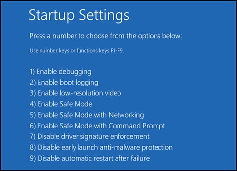 screenshot of startup settings