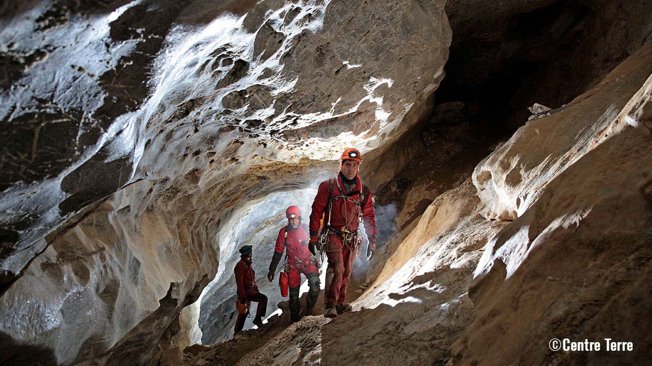 Cave divers inside a cave